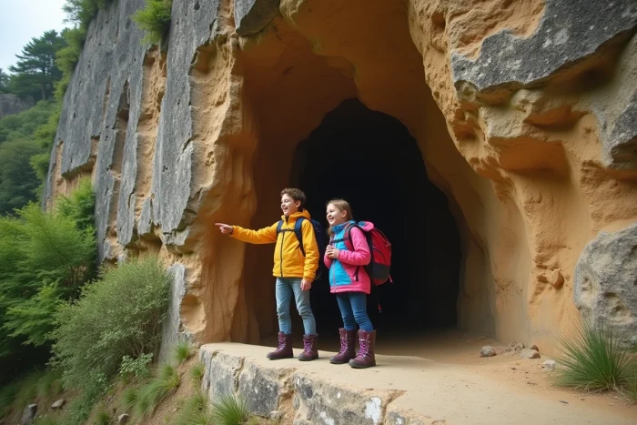 Deux adolescents découvrant la cavité rocheuse du Pas de Roland à Itxassou, symbole de la randonnée au Pays Basque