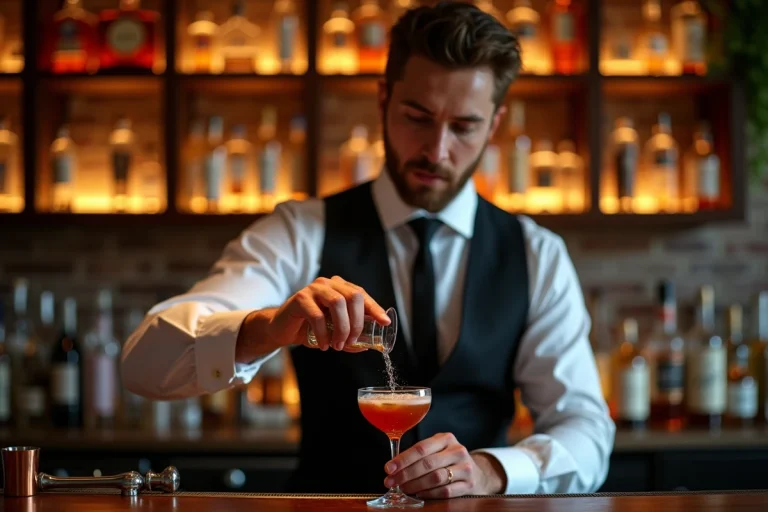 Barman professionnel préparant un cocktail élaboré derrière un bar en noyer poli avec étagères de spiritueux rétroéclairées