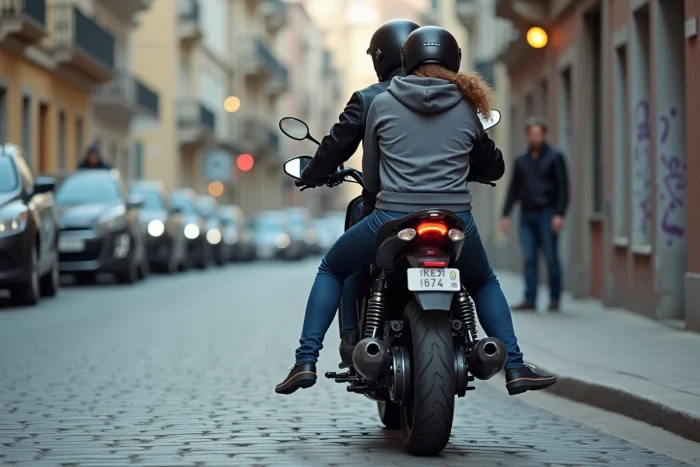 Vue arrière d'une Benda 125 avec deux passagers en ville, moto 125cc chinoise en duo en milieu urbain
