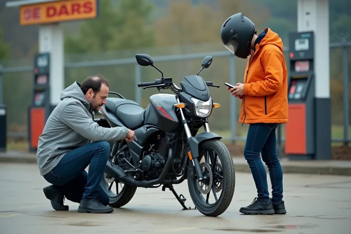 Couple faisant une pause avec leur Benda 125cc lors d'un trajet en duo, vérification de la moto à une station-service