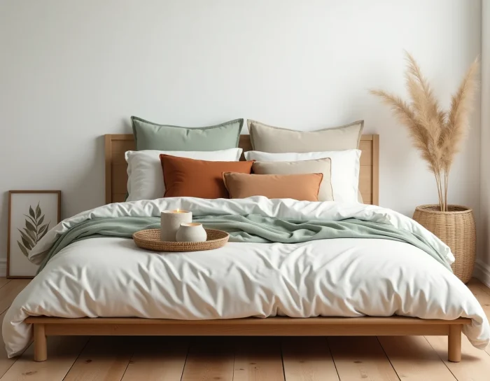Chambre cocooning style scandinave avec literie en coton texturé, coussins terracotta et accessoires en rotin pour une atmosphère apaisante