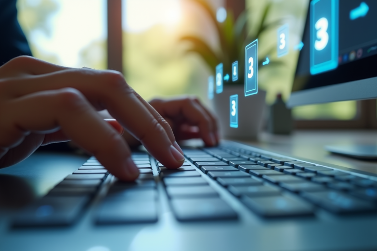 Mains utilisant un clavier moderne avec icônes flottantes
