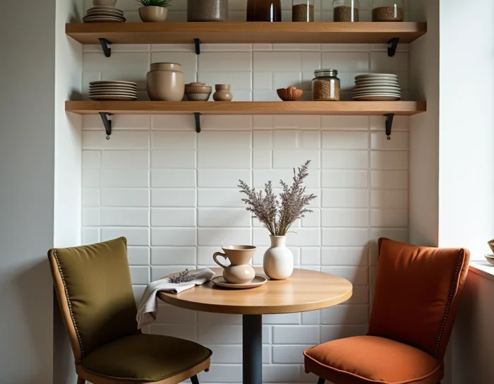 Coin cuisine cosy avec table bistrot en chêne, chaises vintage et vaisselle artisanale en grès pour une ambiance maison douillette