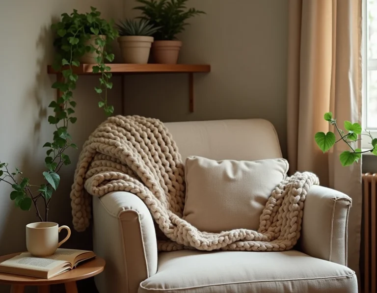 Coin salon douillet avec fauteuil en lin, plaid en maille épaisse et étagère en bois recyclé pour une déco cocon chaleureuse