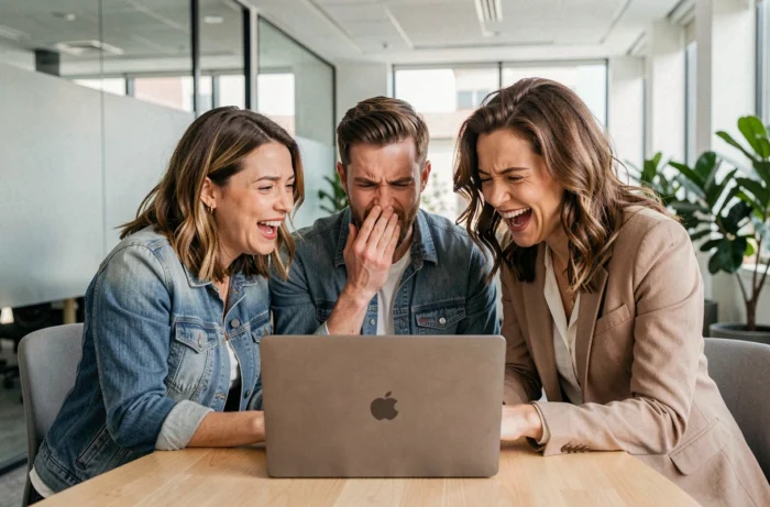 Groupe de collègues réagissant avec humour à des tendances insolites sur internet au bureau