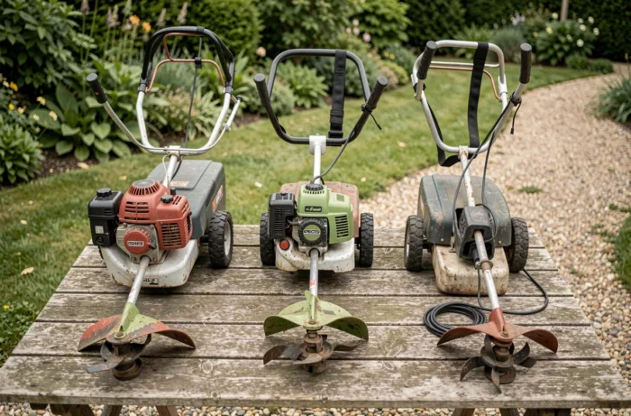 Comparaison de trois types de débroussailleuses posées sur une table en bois dans un jardin : thermique, à batterie et électrique filaire