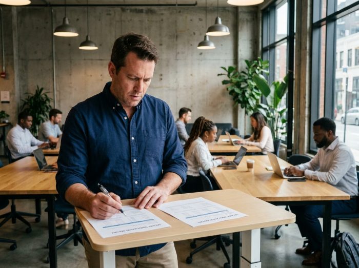 Consultant indépendant en portage salarial comparant des simulations de rémunération dans un espace de coworking