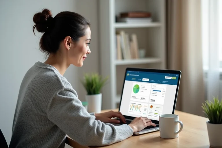 Femme consultant ses quittances de loyer en ligne sur un portail locataire depuis son bureau à domicile