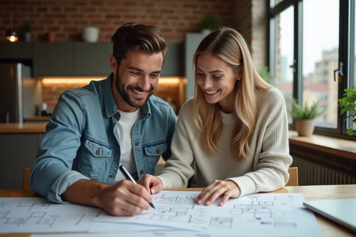 Jeune couple souriant examinant des documents immobiliers