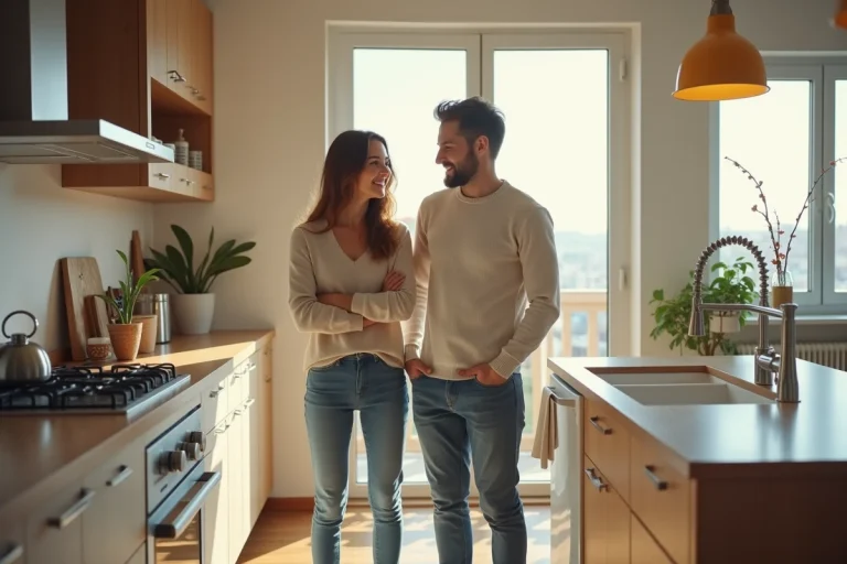 Jeune couple dans une cuisine moderne lumineuse