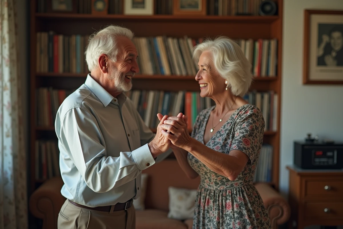 Couple âgé dansant la Madison dans leur salon cosy