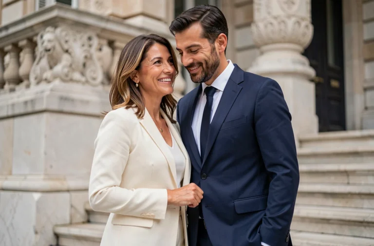 Couple élégant devant une façade de pierre parisienne lors d'une cérémonie de mariage, illustrant l'union de personnalités publiques médiatiques