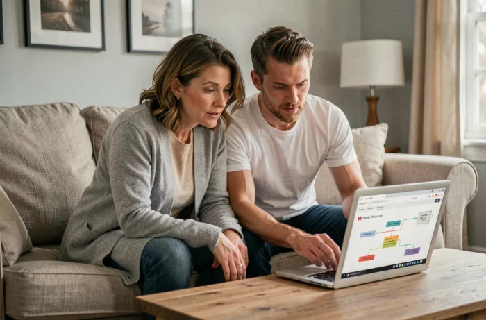 Couple naviguant ensemble sur le plan du site Family 2 Family depuis leur salon