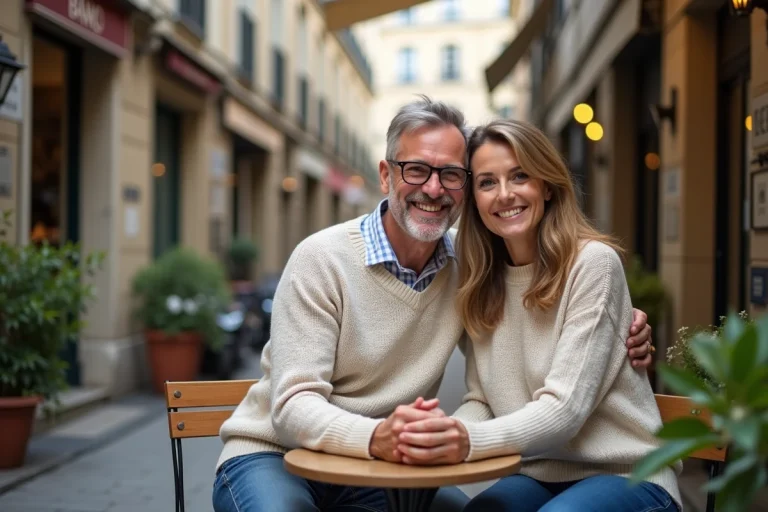 Couple souriant assis au café parisien en ville