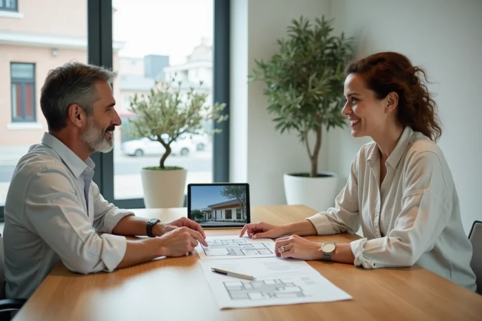 Couple signant un accord de rachat de soulte immobilière dans une agence immobilière moderne