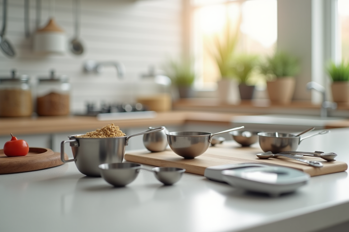 Plan cuisine moderne avec outils de mesure précis pour la cuisine