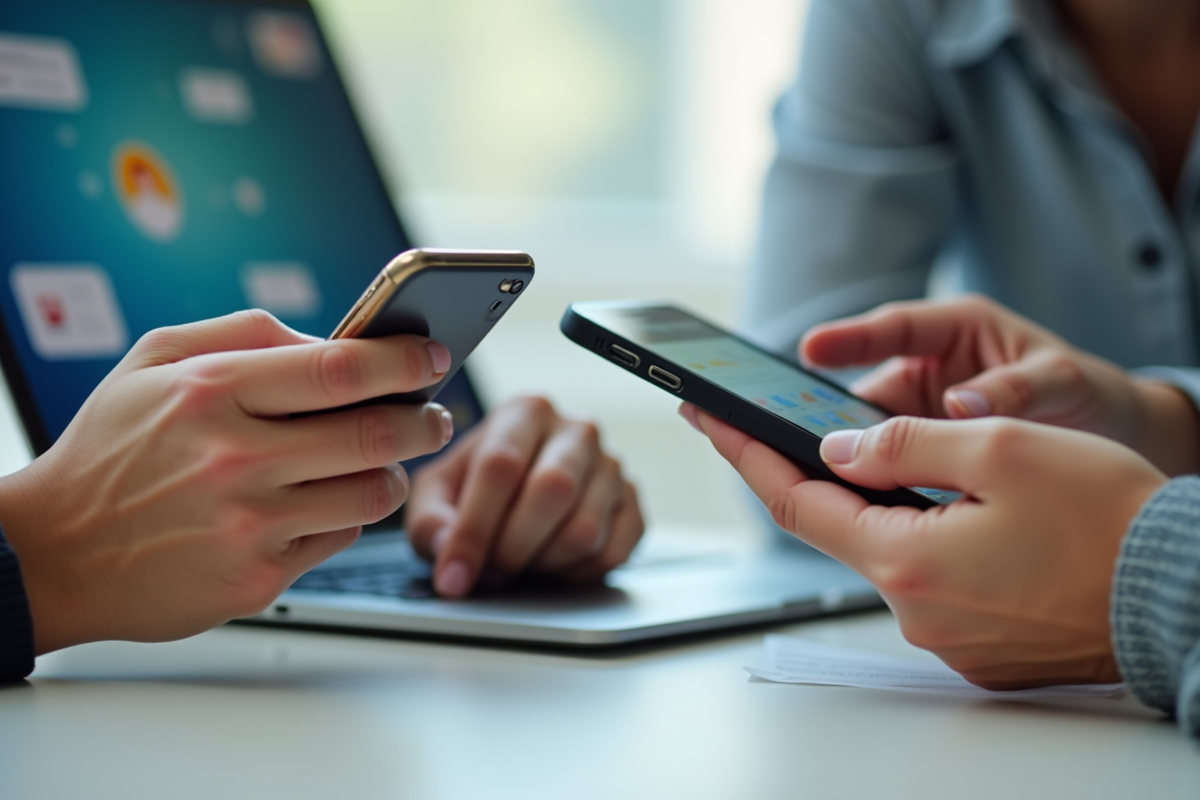 Mains échangeant des messages sur smartphone et ordinateur portable