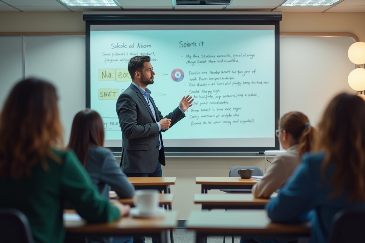 Professeur montrant logiciel éducatif aux lycéens en classe