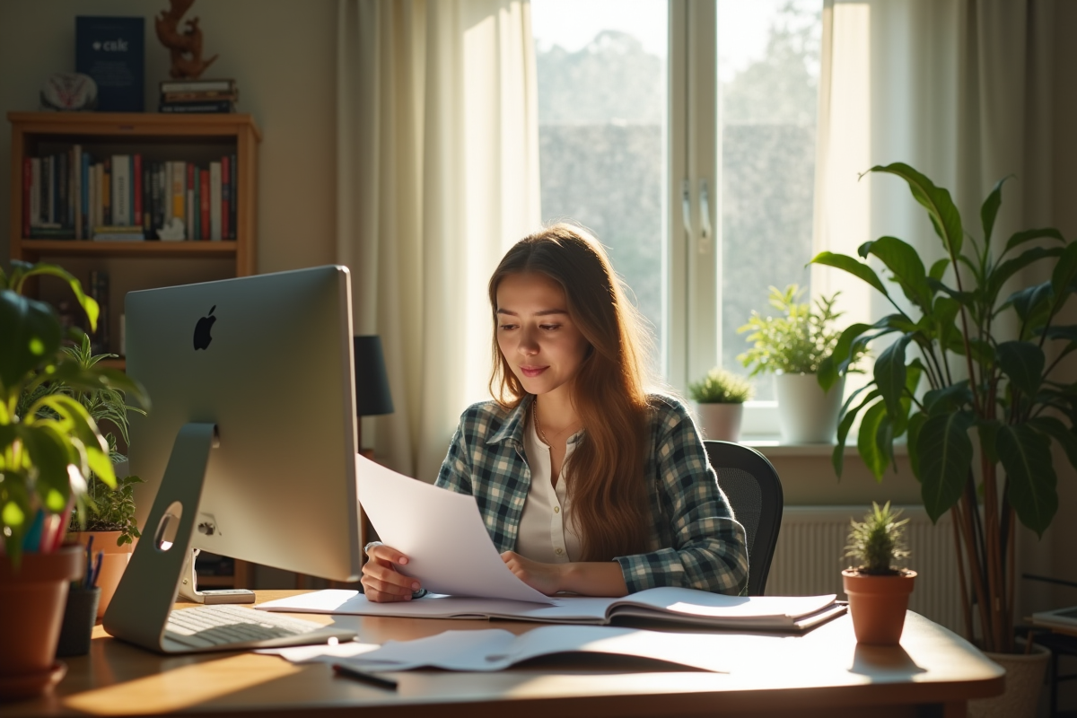 Jeune femme enseignante lisant des documents à son bureau