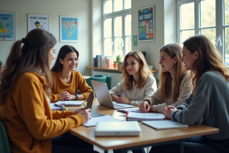 Groupe d'enseignants dans une salle moderne de l'école