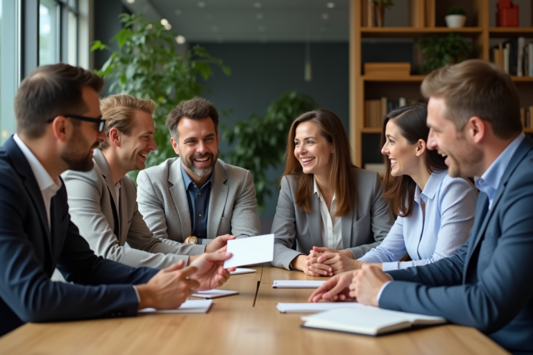 Groupe de professionnels souriants lors d'une réunion d'équipe