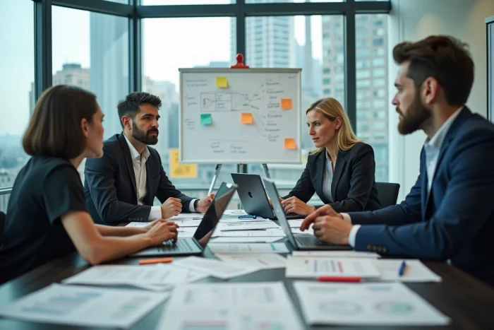 Équipe de professionnels en réunion de stratégie digitale autour d'une table de conférence avec laptops et tableaux de bord pour illustrer les stratégies de transformation numérique en entreprise