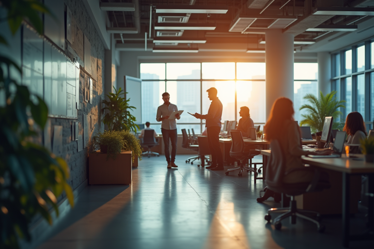 Espace de bureau moderne ouvert avec professionnels collaborant