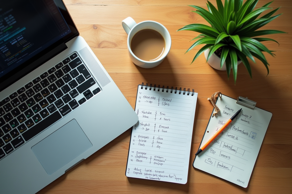 Espace de travail avec ordinateur et notes de raccourcis