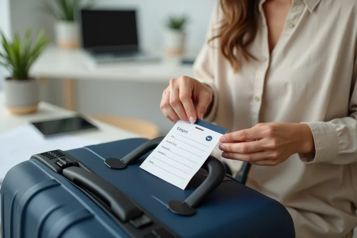Femme attachant une étiquette valise imprimée en PDF sur une valise bleue dans un bureau à domicile