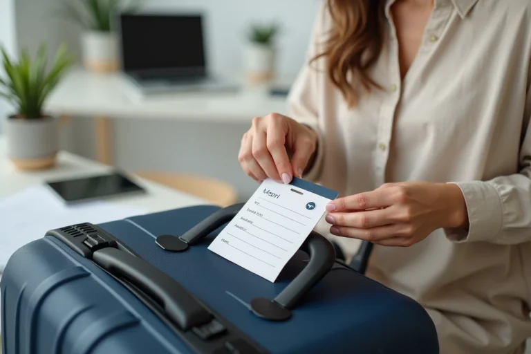 Femme attachant une étiquette valise imprimée en PDF sur une valise bleue dans un bureau à domicile
