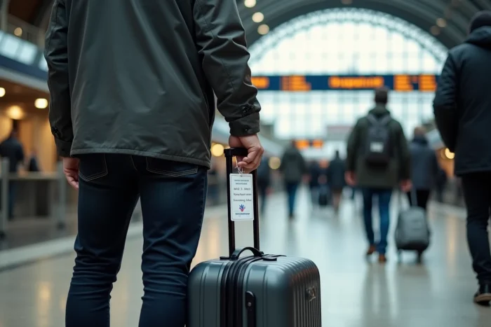 Voyageur en gare avec une valise équipée d'une étiquette imprimée compatible SNCF et avion
