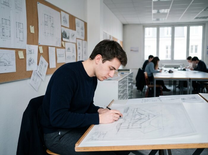 Étudiant en classe préparatoire design travaillant sur un dessin technique dans une salle de cours parisienne
