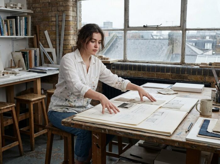 Étudiante en prépa art et design arrangeant son portfolio sur une table de studio dans une école des beaux-arts