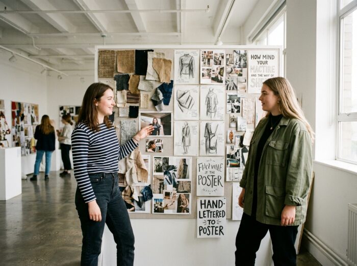 Deux étudiantes présentant leur portfolio lors d'une critique de fin d'année en école de design