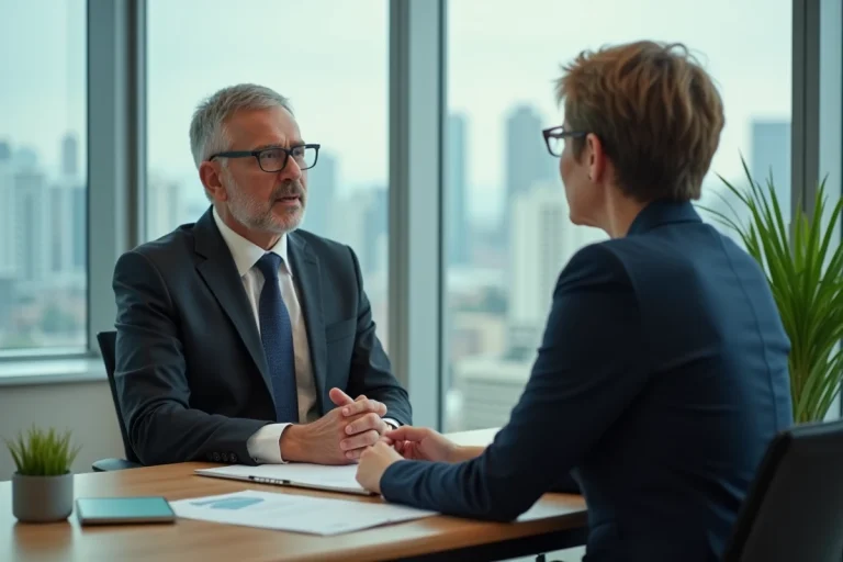 Homme executif en costume sombre en discussion avec une coach