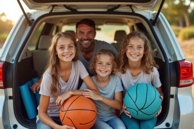 Famille déballant équipement sportif économique en vacances