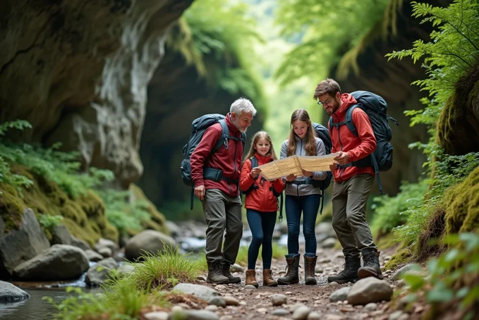 Famille en randonnée au Pas de Roland à Itxassou, consultant une carte devant la roche emblématique dans un cadre forestier verdoyant