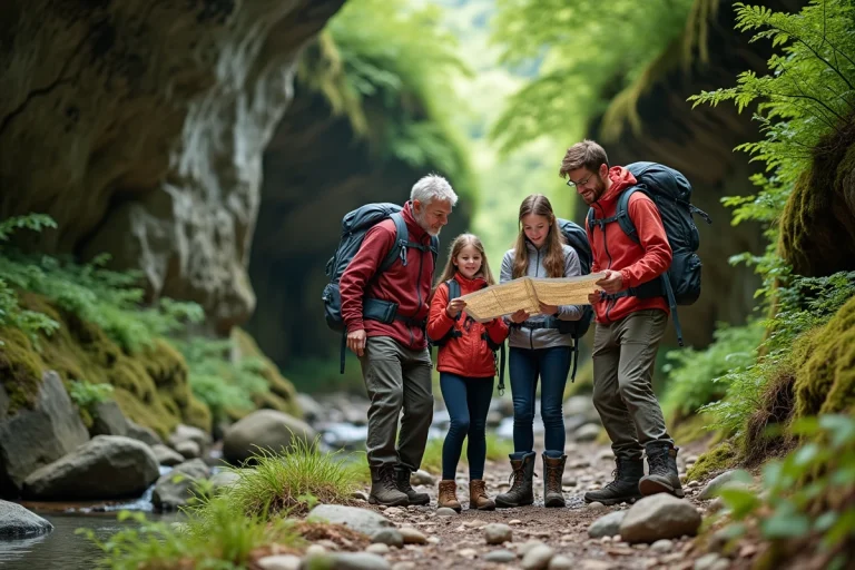 Famille en randonnée au Pas de Roland à Itxassou, consultant une carte devant la roche emblématique dans un cadre forestier verdoyant