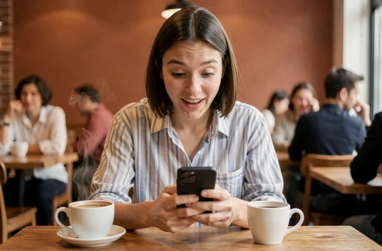 Jeune femme surprise par des actualités insolites sur son smartphone dans un café urbain