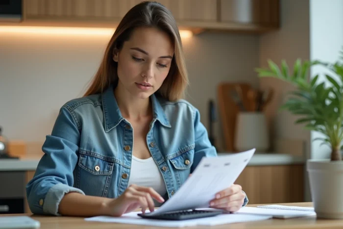 Femme vérifiant son budget dans une cuisine moderne