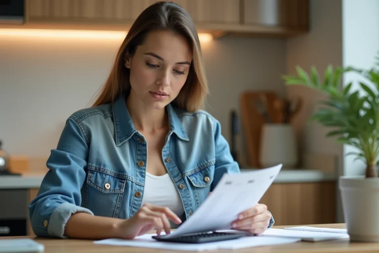 Femme vérifiant son budget dans une cuisine moderne