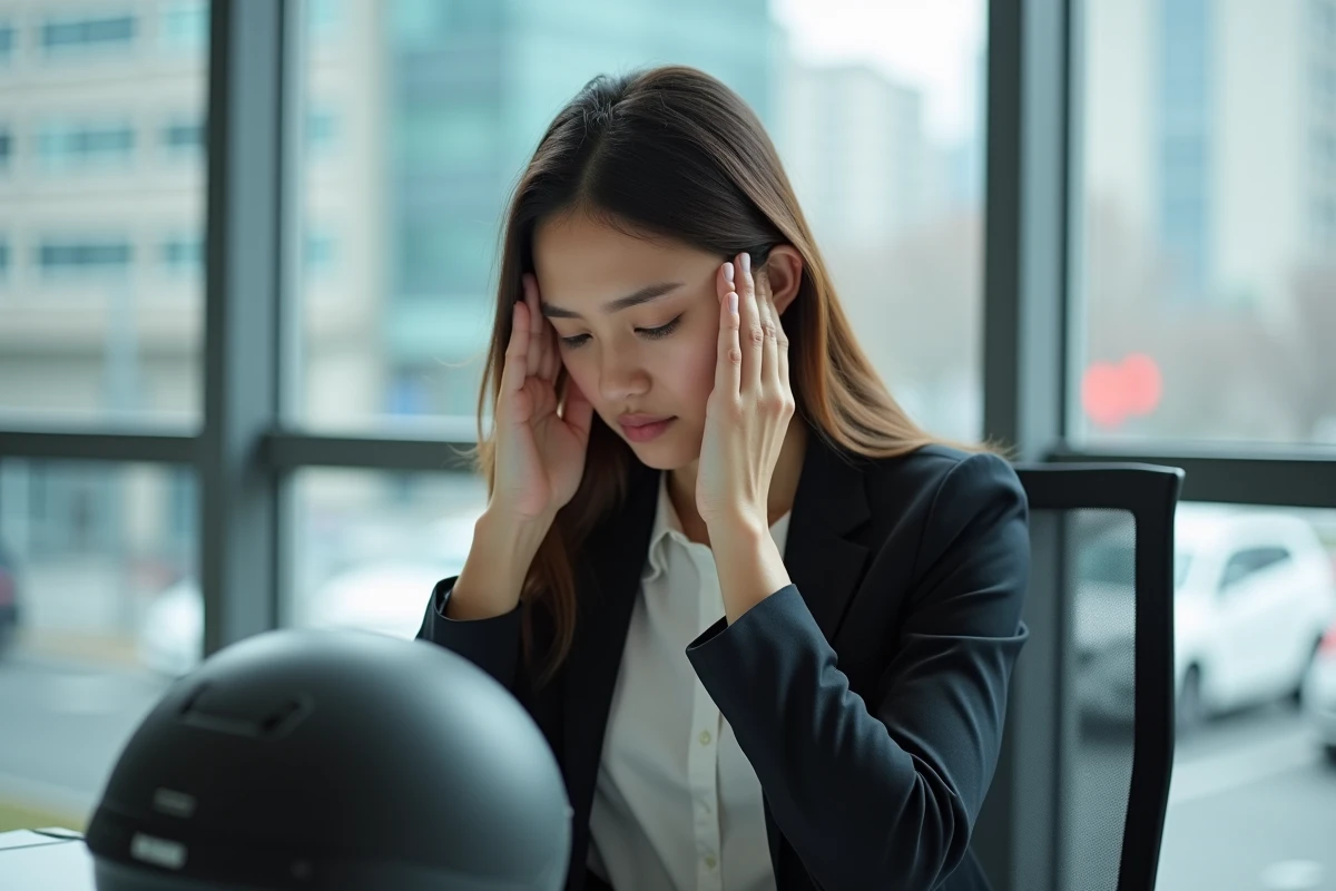 Femme d affaires portant son casque dans un bureau