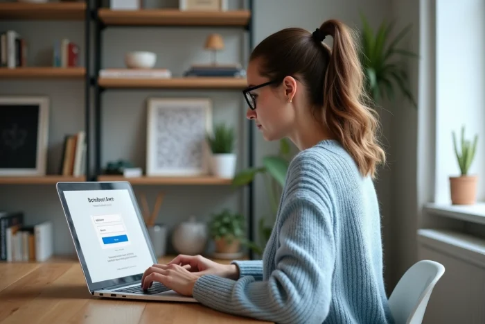 Femme assise à son bureau avec ordinateur Ricci Art