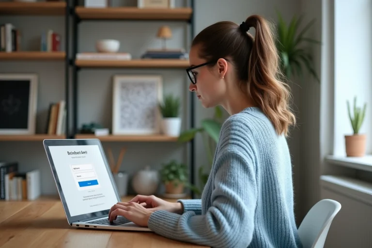 Femme assise à son bureau avec ordinateur Ricci Art