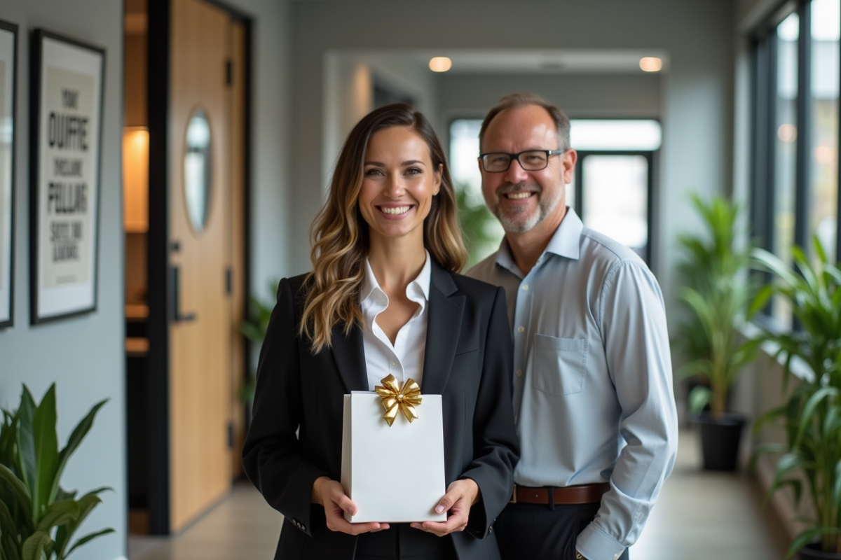 Femme souriante avec un sac cadeau dans un couloir moderne