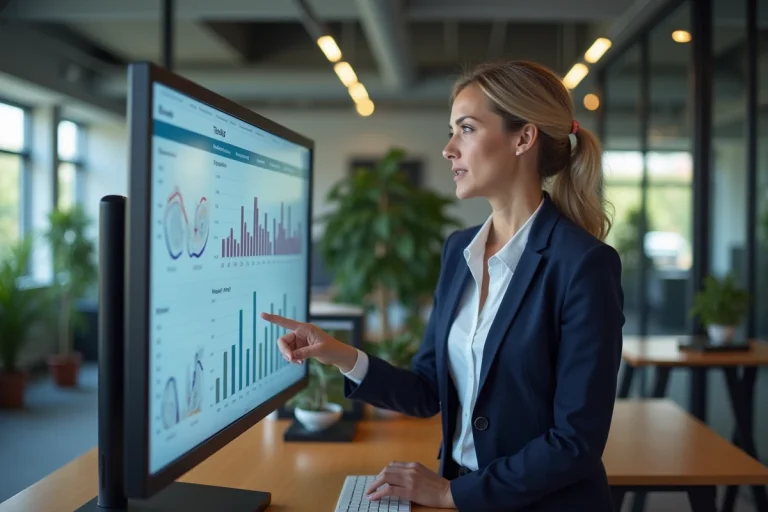 Femme cadre en blazer marine analysant des tableaux de bord numériques sur un grand écran tactile dans un open space moderne pour illustrer la transformation digitale en entreprise