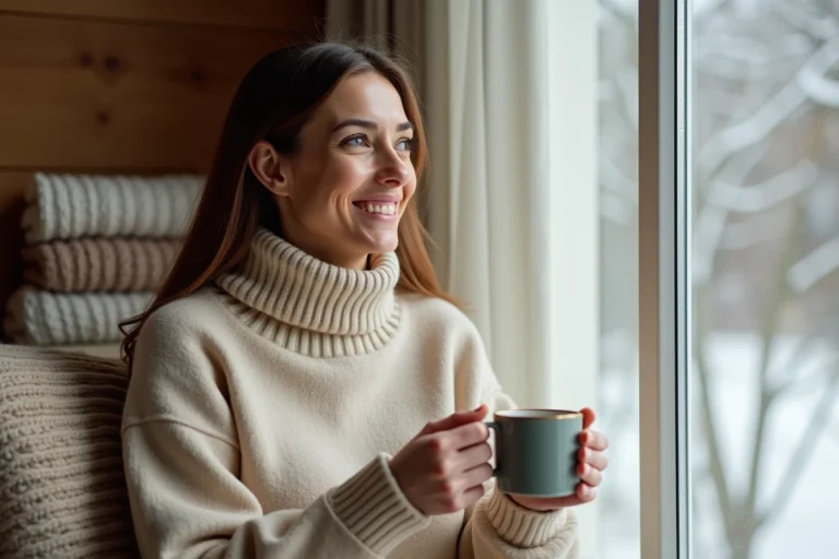 Femme souriante en cachemire beige près d'une fenêtre