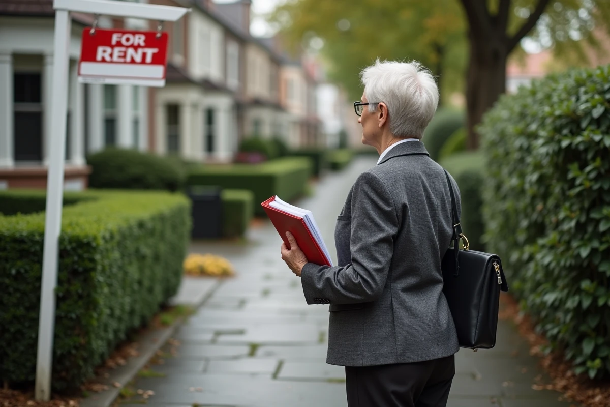 Femme regardant une annonce de location devant une maison