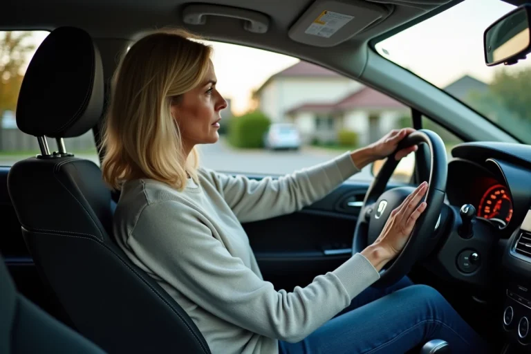 Femme assise dans une Clio avec voyant rouge allumé