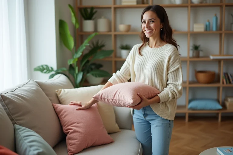 Femme souriante arrangeant des coussins colorés dans un salon lumineux